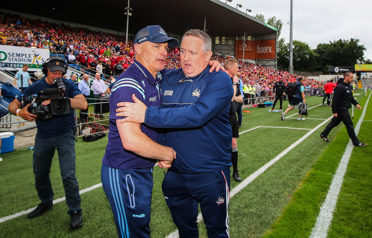 Dublin vs Cork: Dublin manager Micheál Donoghue with Cork manager Pat Ryan after the game Dublin vs Cork: Dublin manager Micheál Donoghue with Cork manager Pat Ryan after the game