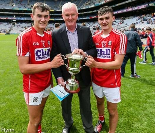 Pictured at the All Ireland Under 17 hurling final, Cork V Dublin, in 2017 were Joint Captains Brian and Eoin Roche with Bride Rovers Clubman and Co. Board chairman Ger Lane