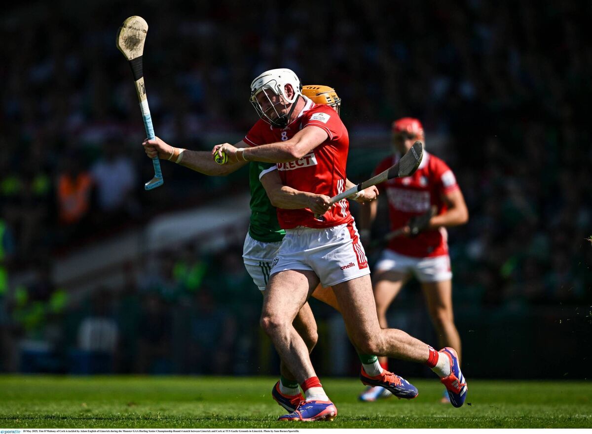 Tim O'Mahony of Cork is tackled by Adam English of Limerick during the Munster SHC final at TUS Gaelic Grounds last month. Picture: Sam Barnes/Sportsfile