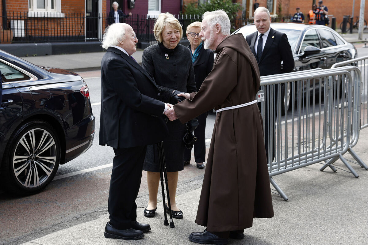 President Michael D Higgins and his wife Sabina arrive at the funeral mass for Brother Kevin Crowley who died on Wednesday aged 90, at St. Mary of the Angels, Church Street, Dublin. Photo: Conor Ó Mearáin /PA Wire