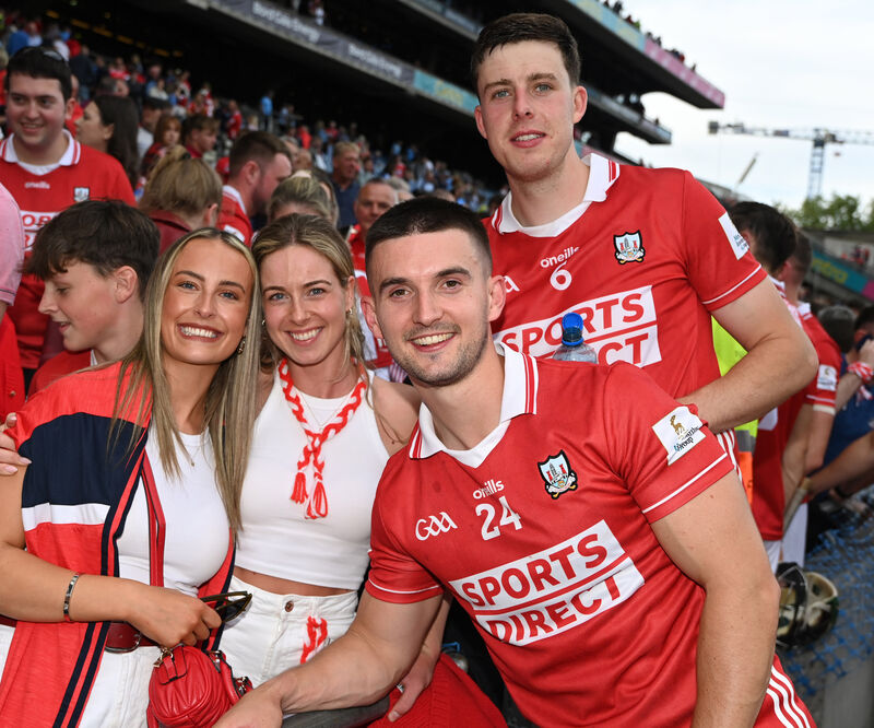Cork players Shane Kingston Robertv Downey with Megan Walsh and Rebecca Healy after defeating Dublin in the All-Ireland SHC semi final at Croke park . Picture: Eddie O'Hare