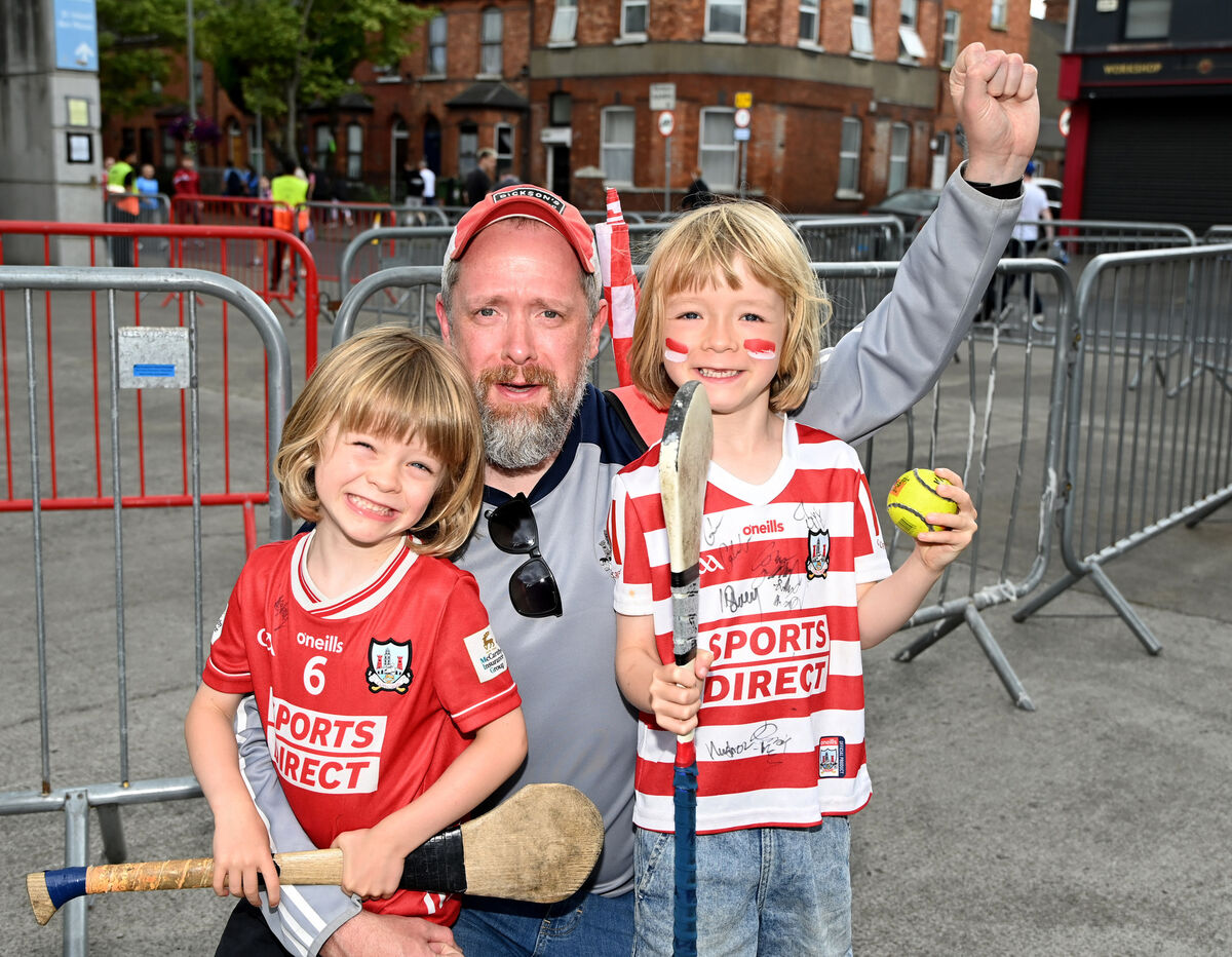 Cork fans Eoin O'Sulleabhain with his sons Tadhg (6) and Dainín (4) from Coolea at the All-Ireland SHC semi final against Dublin at Croke park . Picture: Eddie O'Hare