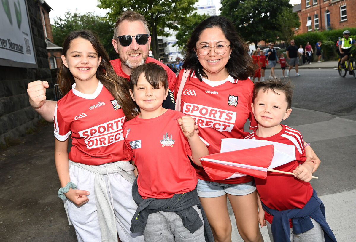 Cork fans The O'Mahony-Perez family from Killbrittain and Mexico of Diarmuid, Maria, Luna, Liam and Luca at the All-Ireland SHC semi final against Dublin at Croke park . Picture: Eddie O'Hare