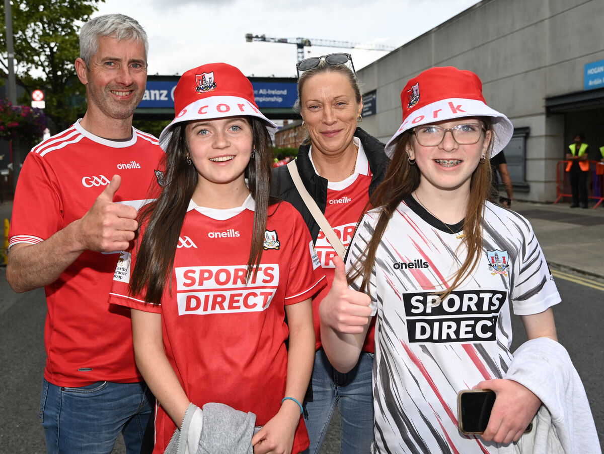 Cork fans John and Kaitlyn McAuliffee and Ita O'Connoir and Ciara Murphy from Newmarket at the All-Ireland SHC semi final against Dublin at Croke park . Picture: Eddie O'Hare Cork fans John and Kaitlyn McAuliffee and Ita O'Connoir and Ciara Murphy from Newmarket at the All-Ireland SHC semi final against Dublin at Croke park . Picture: Eddie O'Hare