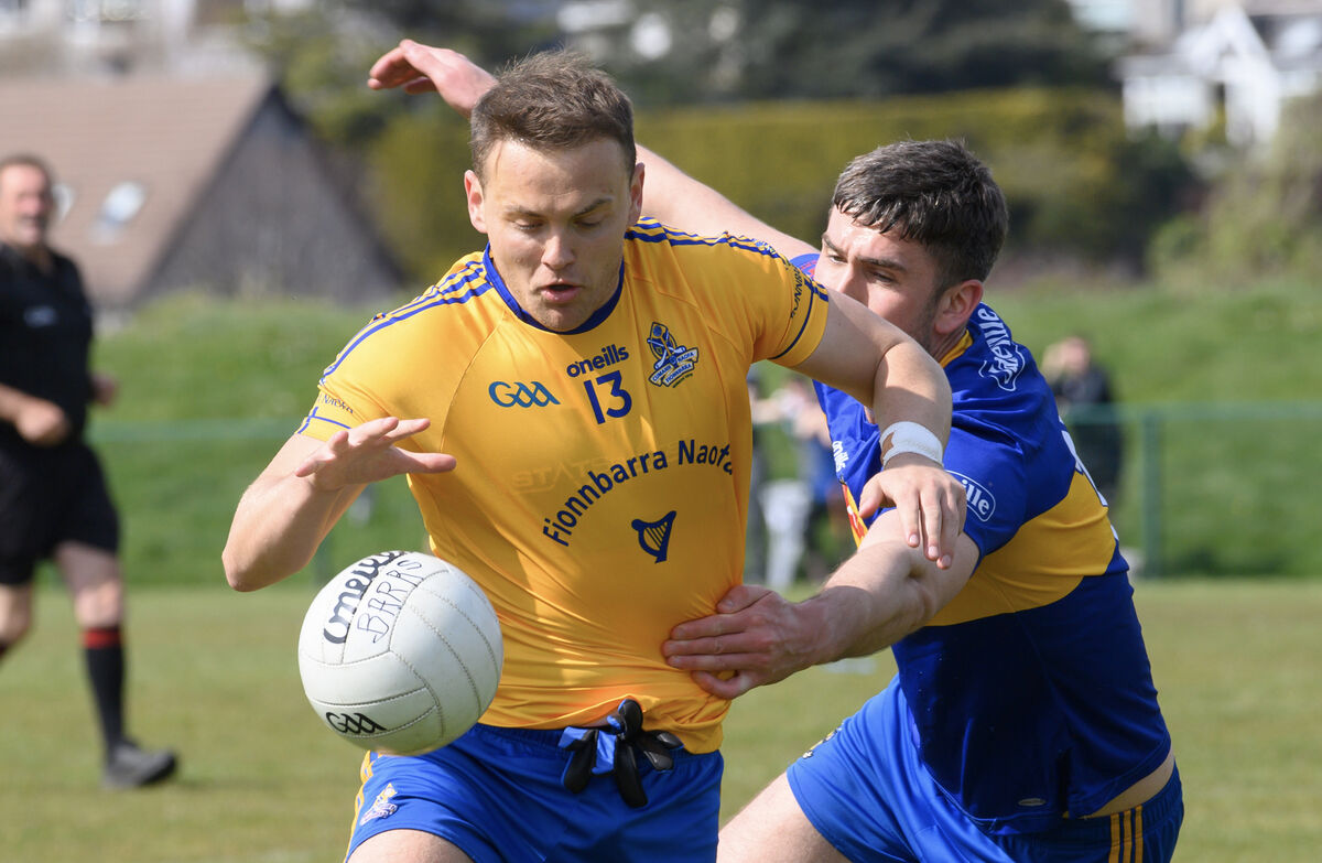  Brian Coakley, Carrigaline tries to tackle Steven Sherlock, St Finbarr's during the McCarthy Insurance Group football league division 1 game at Carrigaline. Picture: Dan Linehan