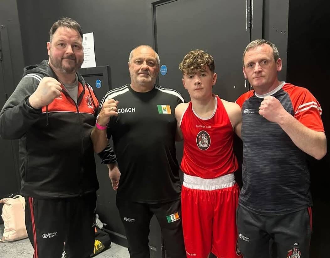 De Courcey BC coaches David Burke, Will Rossall and Andrew Hayes with boxer Sean Donovan at the National Stadium. De Courcey BC coaches David Burke, Will Rossall and Andrew Hayes with boxer Sean Donovan at the National Stadium.