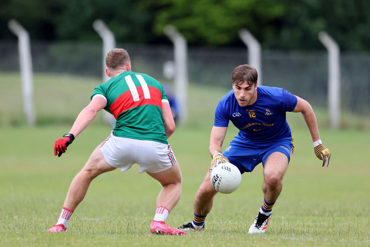  Ian Maguire, St Finbarr's, takes on Darragh Gough, Clonakilty during the  McCarthy Insurance Group Football League Division 1 Final at Ballygarvan. Picture: Jim Coughlan.