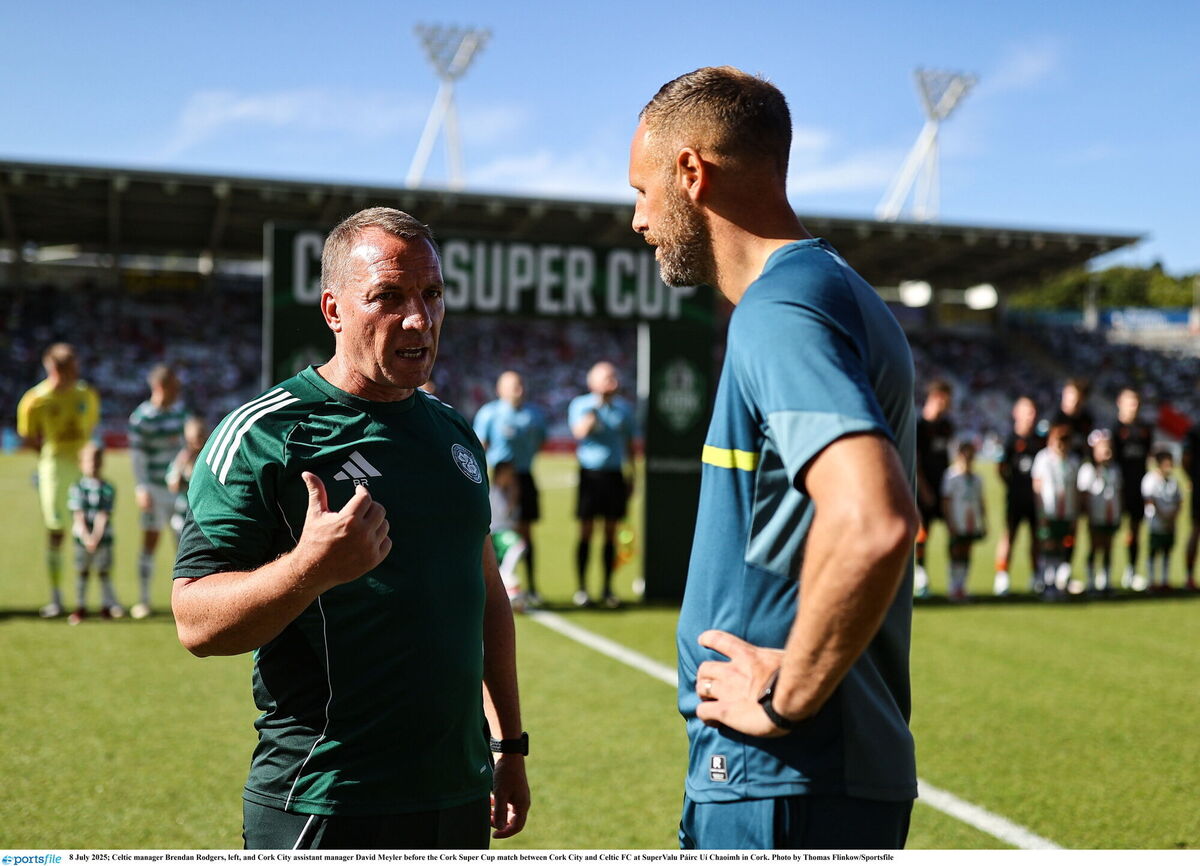 Celtic manager Brendan Rodgers, left, and Cork City assistant manager David Meyler before the Cork Super Cup match between Cork City and Celtic FC at SuperValu Páirc Uí Chaoimh in Cork. Picture: Thomas Flinkow/Sportsfile