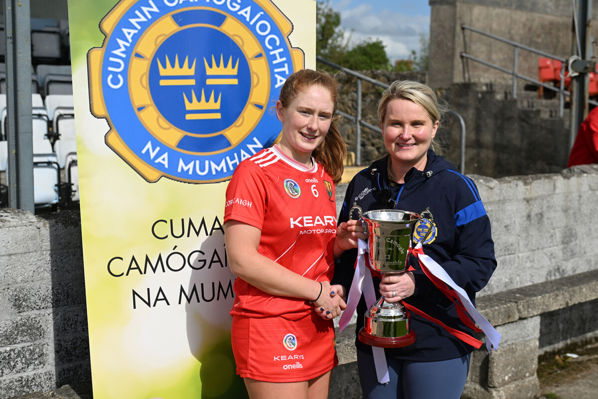  Christine Ryan, Chairperson of Munster Camogie presenting Cork Captain Daire O'Brien with the new trophy after their win over Tipperary in the Munster U23 Camogie final at Kilmallock, Co Limerick. Picture Dan Linehan