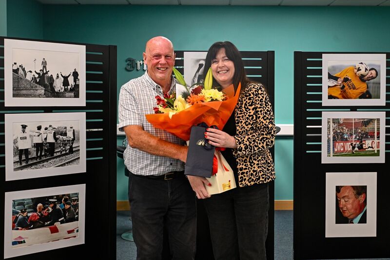 Gráinne McGuinness, editor of The Echo, presents a bouquet of flowers to Eddie O’Hare at a celebration marking his retirement after 47 years as one of Cork’s most celebrated press photographers. Gráinne McGuinness, editor of The Echo, presents a bouquet of flowers to Eddie O’Hare at a celebration marking his retirement after 47 years as one of Cork’s most celebrated press photographers.