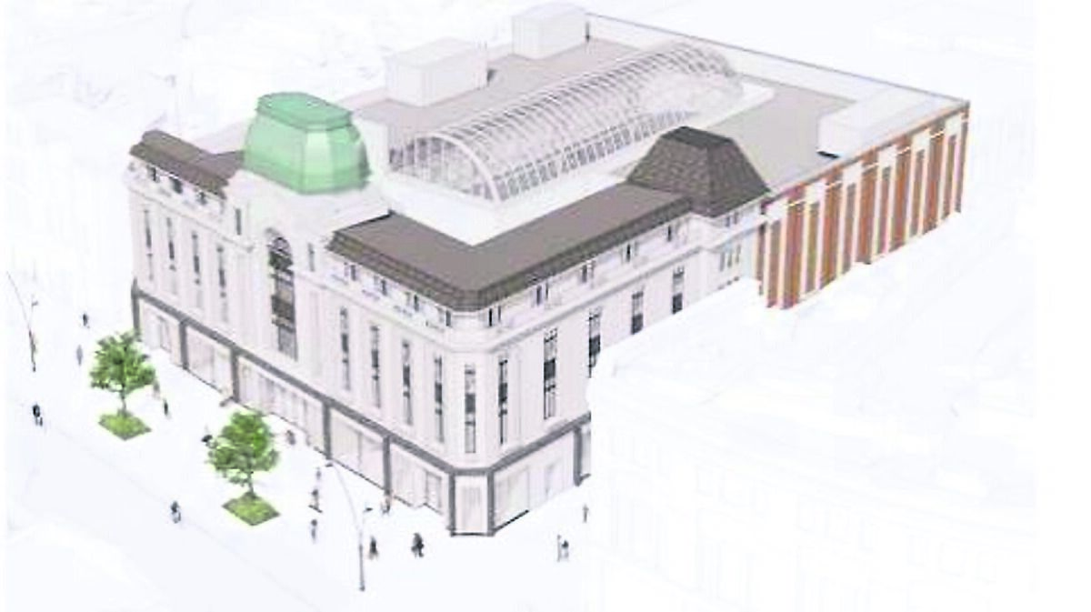 Plans for the former Roches Stores Debenhams site on Patrick Street Cork - proposed aerial CGI