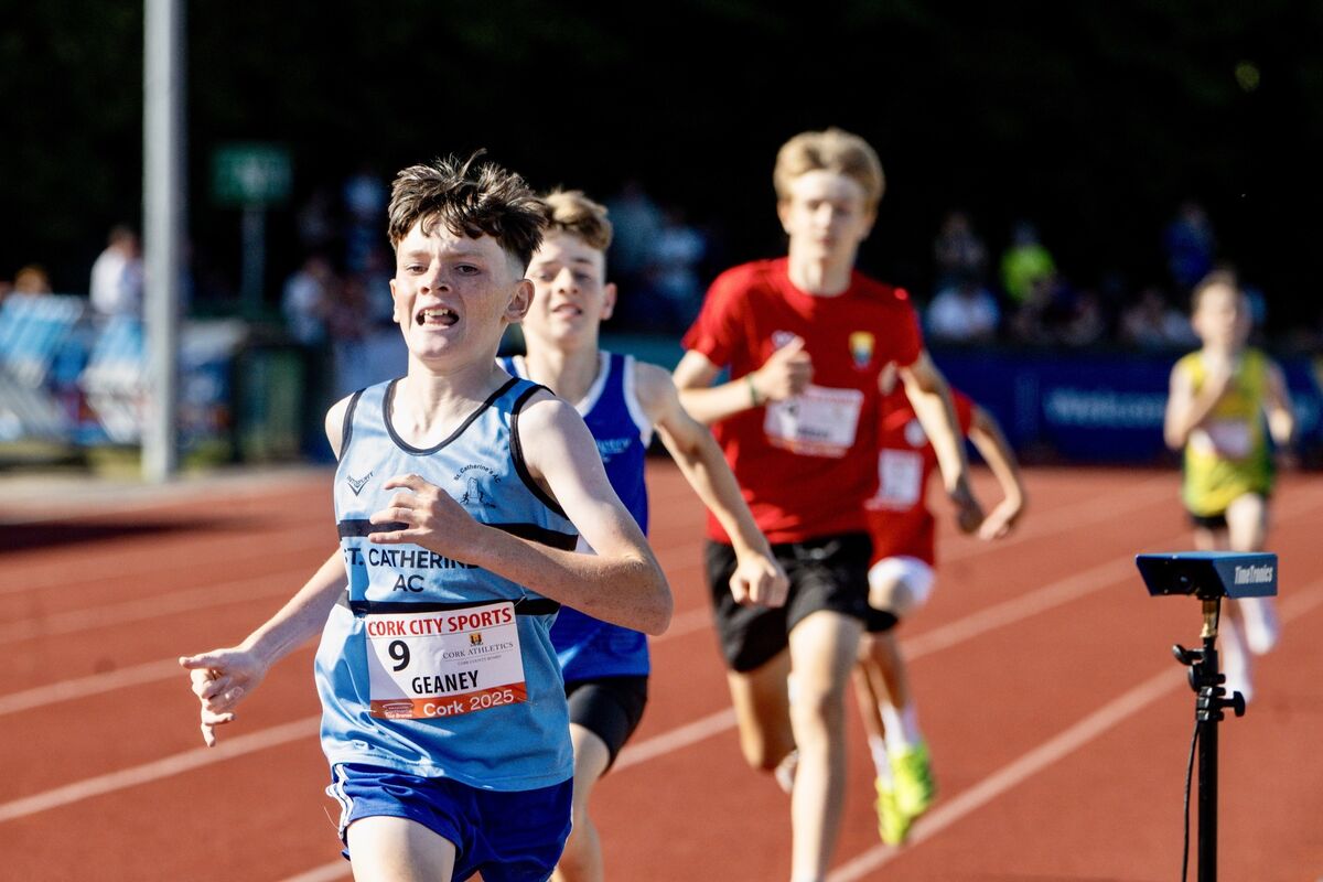 Ronan Geaney of St Catherine’s AC taking first place in the boys under-13 600m at Cork City Sports in MTU. Picture: Chani Anderson.