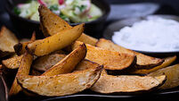 Air Fryer Roasted Potatoes with Spices, Served with Salad and Yogurt Dip