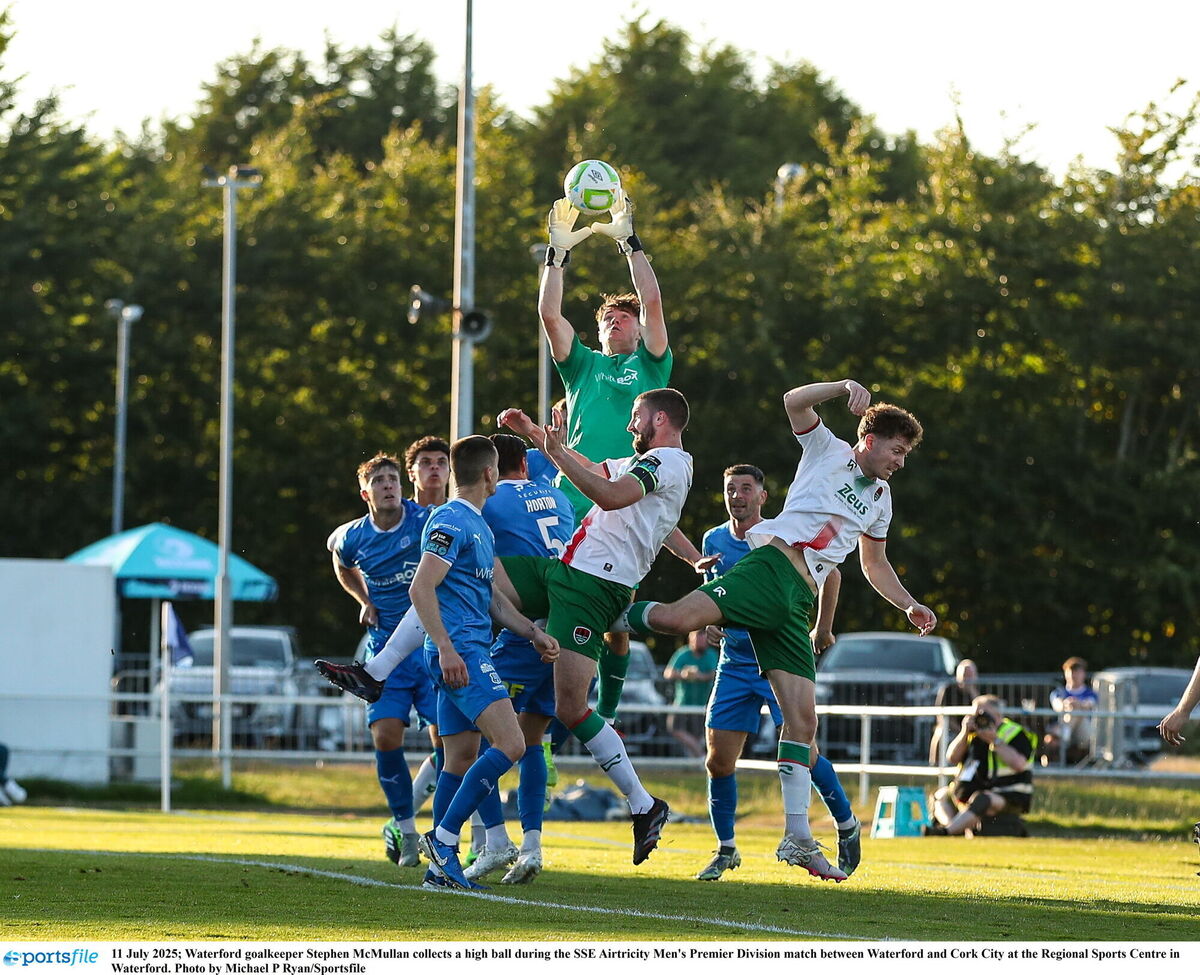 Waterford goalkeeper Stephen McMullan collects a high ball. Picture: Michael P Ryan/Sportsfile