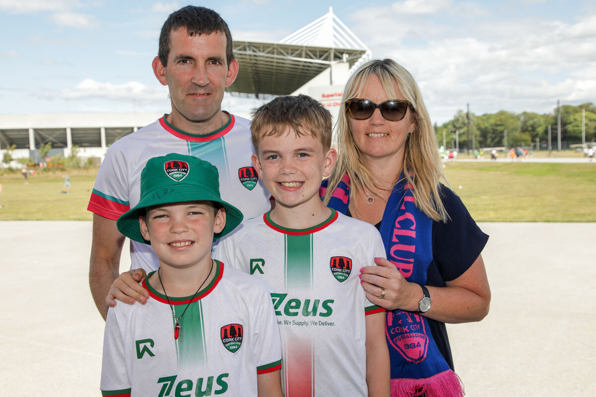  Cork City, Cork, Ireland, 08th July, 2025. Sean, Brendan, Majella and Cian Kiely from Carrigtwohill at the Cork Super Cup game. Picture: David Creedon