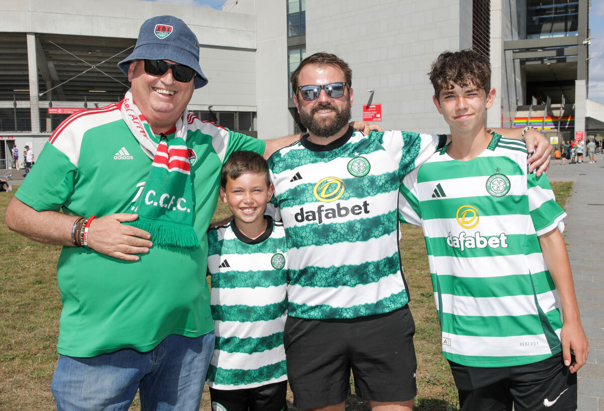  Cork City, Cork, Ireland, 08th July, 2025. Tony, Joey, Gary, Dylan Tobin from Greenmount at the Cork Super Cup game. Picture: David Creedon