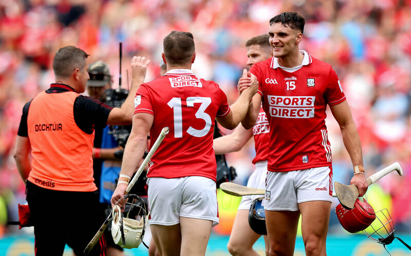 Cork’s Patrick Horgan and Brian Hayes celebrate after the semi-final win over the Dublin - the pair and Alan Connolly have started every game together in the full-forward line. Picture: Inpho/Ryan Byrne Cork’s Patrick Horgan and Brian Hayes celebrate after the semi-final win over the Dublin - the pair and Alan Connolly have started every game together in the full-forward line. Picture: Inpho/Ryan Byrne