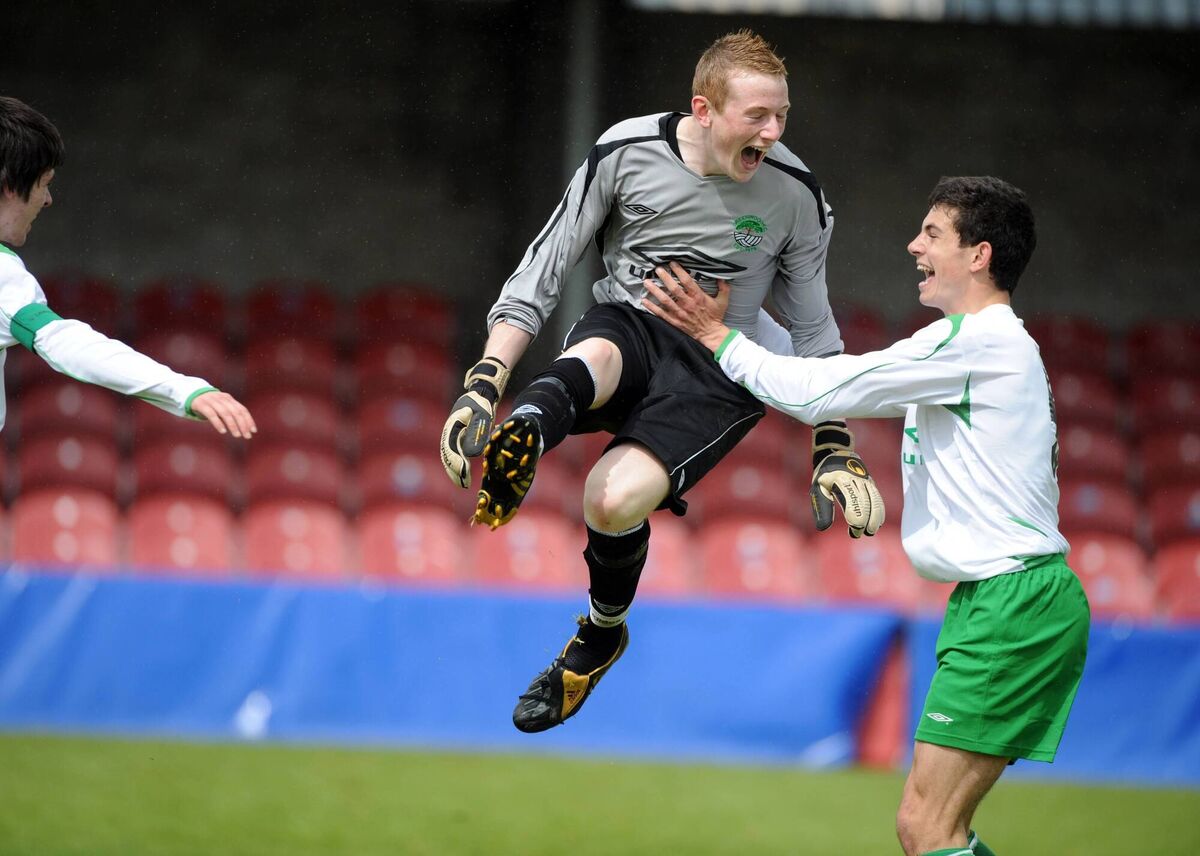 Greenwood goalkeeper Damien Cahalane celebrates his goal with John Egan during the Umbro U16 National Cup final against Salthill Devon at Turners Cross. Picture: Eddie O'Hare Greenwood goalkeeper Damien Cahalane celebrates his goal with John Egan during the Umbro U16 National Cup final against Salthill Devon at Turners Cross. Picture: Eddie O'Hare