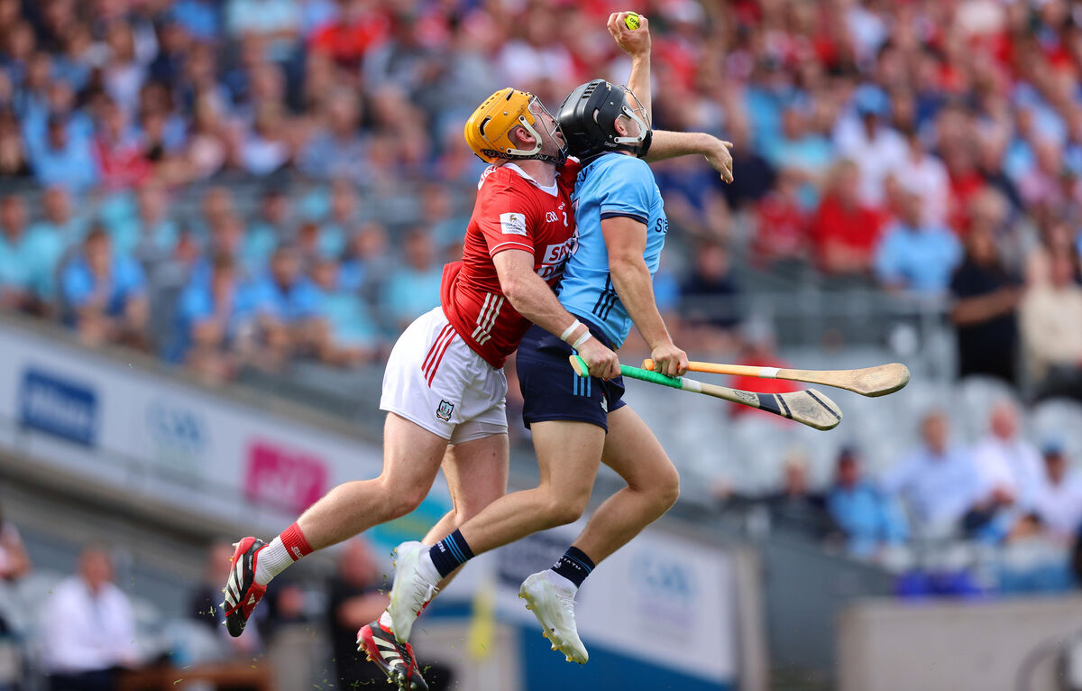 Cork’s Niall O'Leary challenges Sean Currie of Dublin for a high ball in the semi-final. Picture: INPHO/Leah Scholes