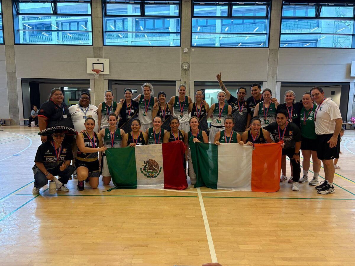The Irish Over-40s basketball team and supporters at the World Maxibasketball Championships in Ticino, Switzerland. Douglas native Amanda O'Regan, fourth from right back, captained the Irish team to a bronze medal at the event. The Irish Over-40s basketball team and supporters at the World Maxibasketball Championships in Ticino, Switzerland. Douglas native Amanda O'Regan, fourth from right back, captained the Irish team to a bronze medal at the event.