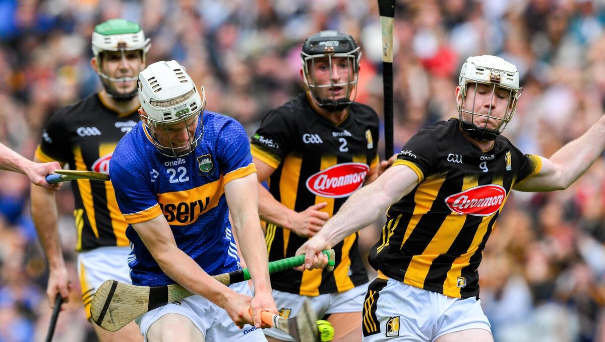 Oisin O'Donoghue of Tipperary scores his side's 4th goal, in the 70th minute, despite the best efforts of Jordan Molloy of Kilkenny, right, during the GAA Hurling All-Ireland Senior Championship semi-final. Picture: Ray McManus/Sportsfile