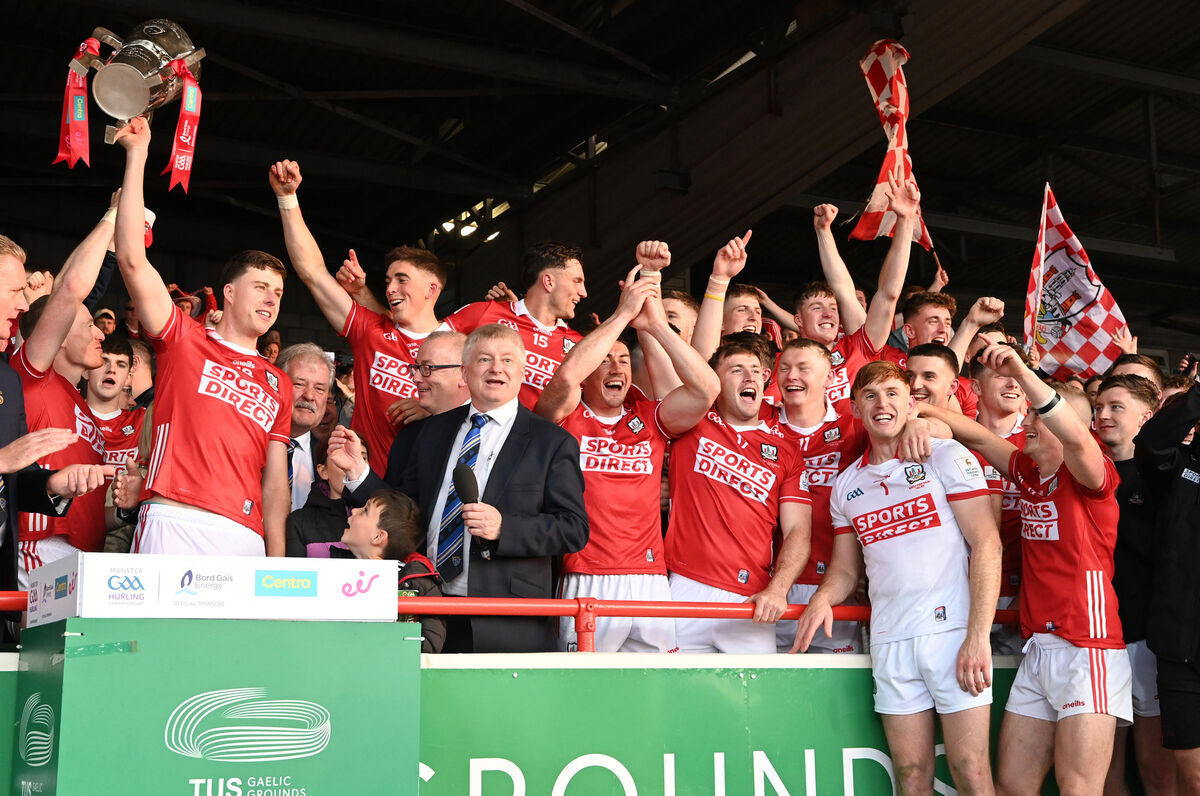 Cork captain Robert Downey raises the Mick Mackey Cup after defeating Limerick in the the Munster SHC final at TUS Gaelic Grounds. Limerick. Picture: Eddie O'Hare