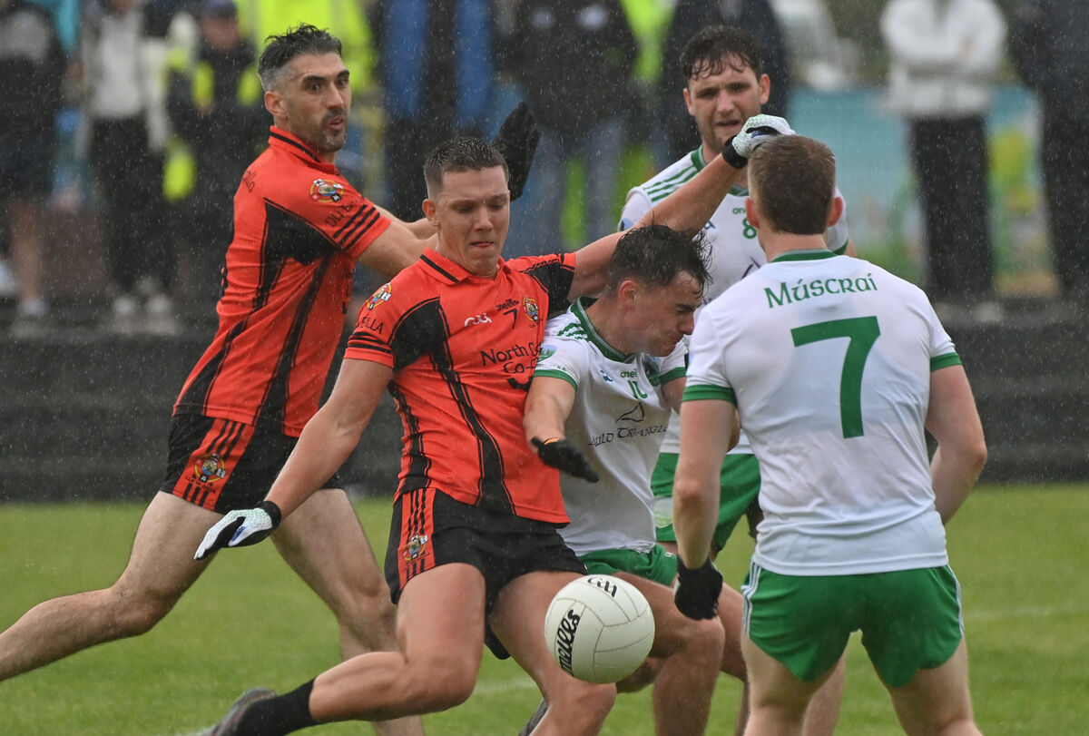 Darragh Cashman, Duhallow is blocked down by Aaron O'Sullivan, Muskerry in the McCarthy Insurance Group Senior Football Divisional/Colleges final at Ballydesmond. Picture Dan Linehan Darragh Cashman, Duhallow is blocked down by Aaron O'Sullivan, Muskerry in the McCarthy Insurance Group Senior Football Divisional/Colleges final at Ballydesmond. Picture Dan Linehan