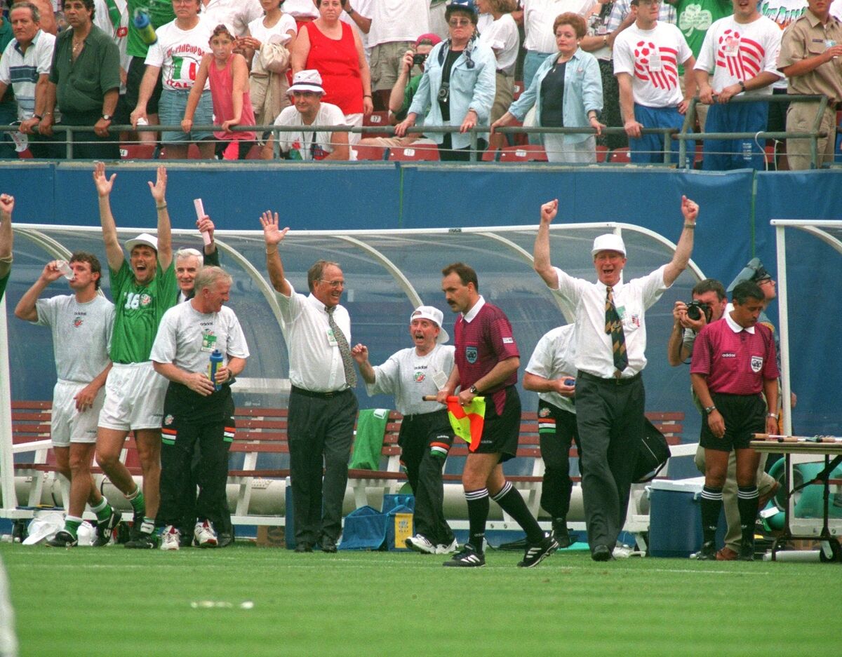 A delighted Jack Charlton and the Ireland bench during the game against Italy at the 1994 World Cup in the US. Picture: Eddie O’Hare
A delighted Jack Charlton and the Ireland bench during the game against Italy at the 1994 World Cup in the US. Picture: Eddie O’Hare
