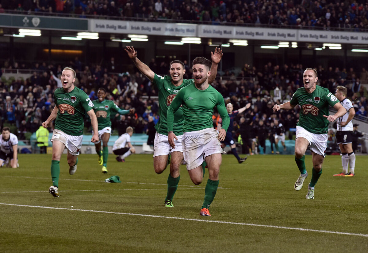 Cork City’s Sean Maguire celebrates his winning goal with Stephen Dooley, Mark O’Sullivan, and Colin Healy against Dundalk in the 2016 FAI Cup final at the Aviva Stadium. Picture: Eddie O’Hare
Cork City’s Sean Maguire celebrates his winning goal with Stephen Dooley, Mark O’Sullivan, and Colin Healy against Dundalk in the 2016 FAI Cup final at the Aviva Stadium. Picture: Eddie O’Hare