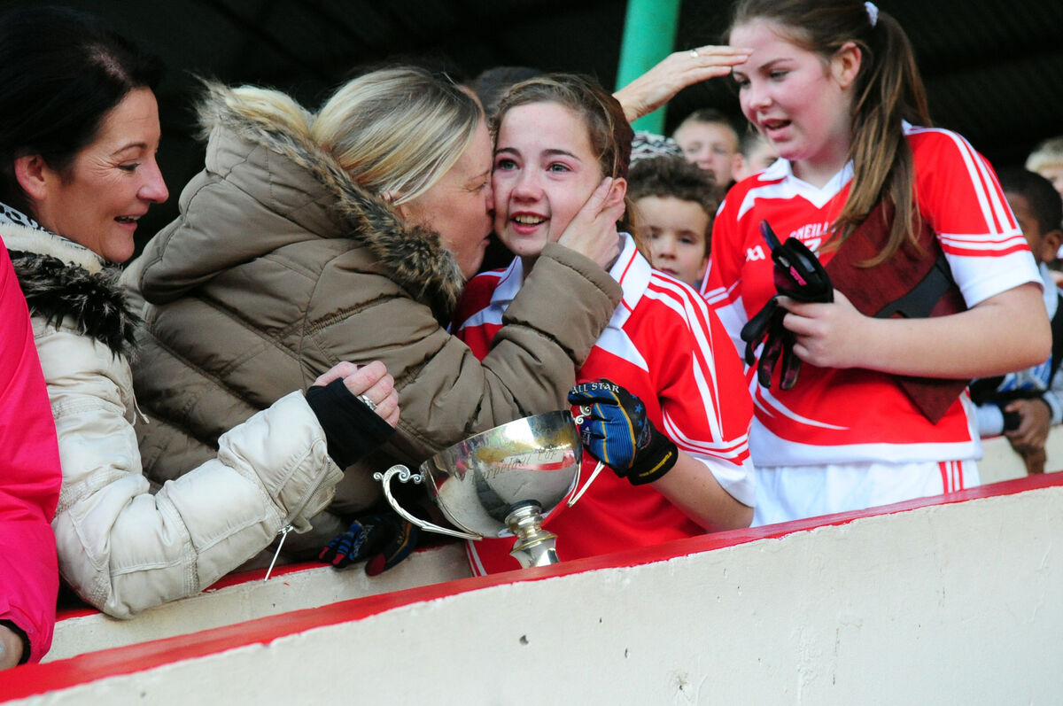 Castlemartyr NS’ captain Ciara Steele gets a big hug after their win over Berrings’ NS during the Allianz Sciath na Scol DGF5 final at Páirc Uí Chaoimh in 2015. Picture: Eddie O’Hare
Castlemartyr NS’ captain Ciara Steele gets a big hug after their win over Berrings’ NS during the Allianz Sciath na Scol DGF5 final at Páirc Uí Chaoimh in 2015. Picture: Eddie O’Hare
