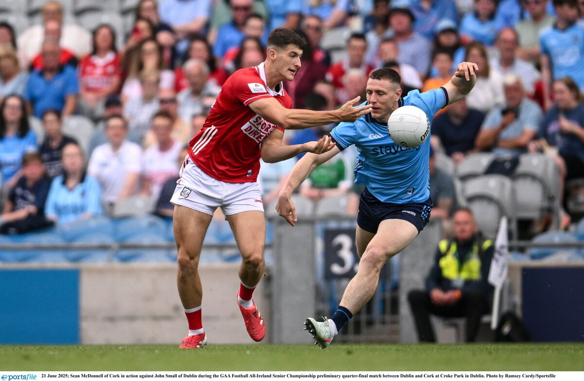 Seán McDonnell of Cork in action against John Small of Dublin last month. Picture: Ramsey Cardy/Sportsfile