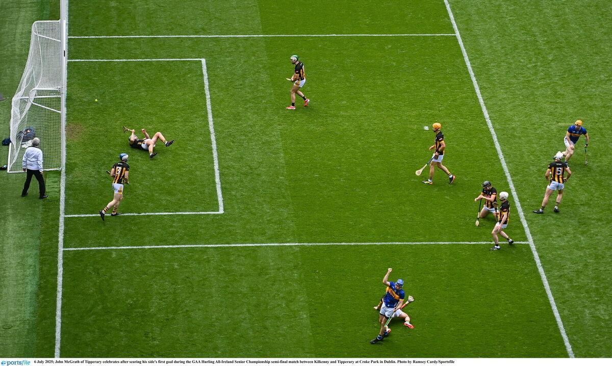 John McGrath of Tipperary celebrates after scoring his side's first goal against Kilkenny. Picture: Ramsey Cardy/Sportsfile