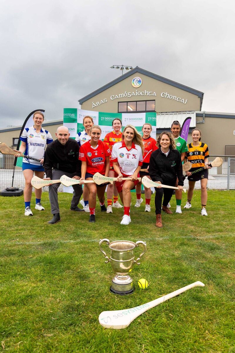Jake O'Connell and Caitríona Courtney, SE Systems, with Premier Intermediate players Aoife Casey, Ballinhassig; Margaret Healy, Ballinhassig; Kathleen O'Reilly, Charleville; Siobhan Kelleher, Newcestown; Catriona Kelly, Ballygarvan; Arlene Fouhy, Watergrasshill; Ana Hartnett, Ballincollig, and Alannah Sheehan, Na Piarsaigh, at Cork Camogie headquarters. Picture: Michael O'Sullivan / OSM PHOTO Jake O'Connell and Caitríona Courtney, SE Systems, with Premier Intermediate players Aoife Casey, Ballinhassig; Margaret Healy, Ballinhassig; Kathleen O'Reilly, Charleville; Siobhan Kelleher, Newcestown; Catriona Kelly, Ballygarvan; Arlene Fouhy, Watergrasshill; Ana Hartnett, Ballincollig, and Alannah Sheehan, Na Piarsaigh, at Cork Camogie headquarters. Picture: Michael O'Sullivan / OSM PHOTO