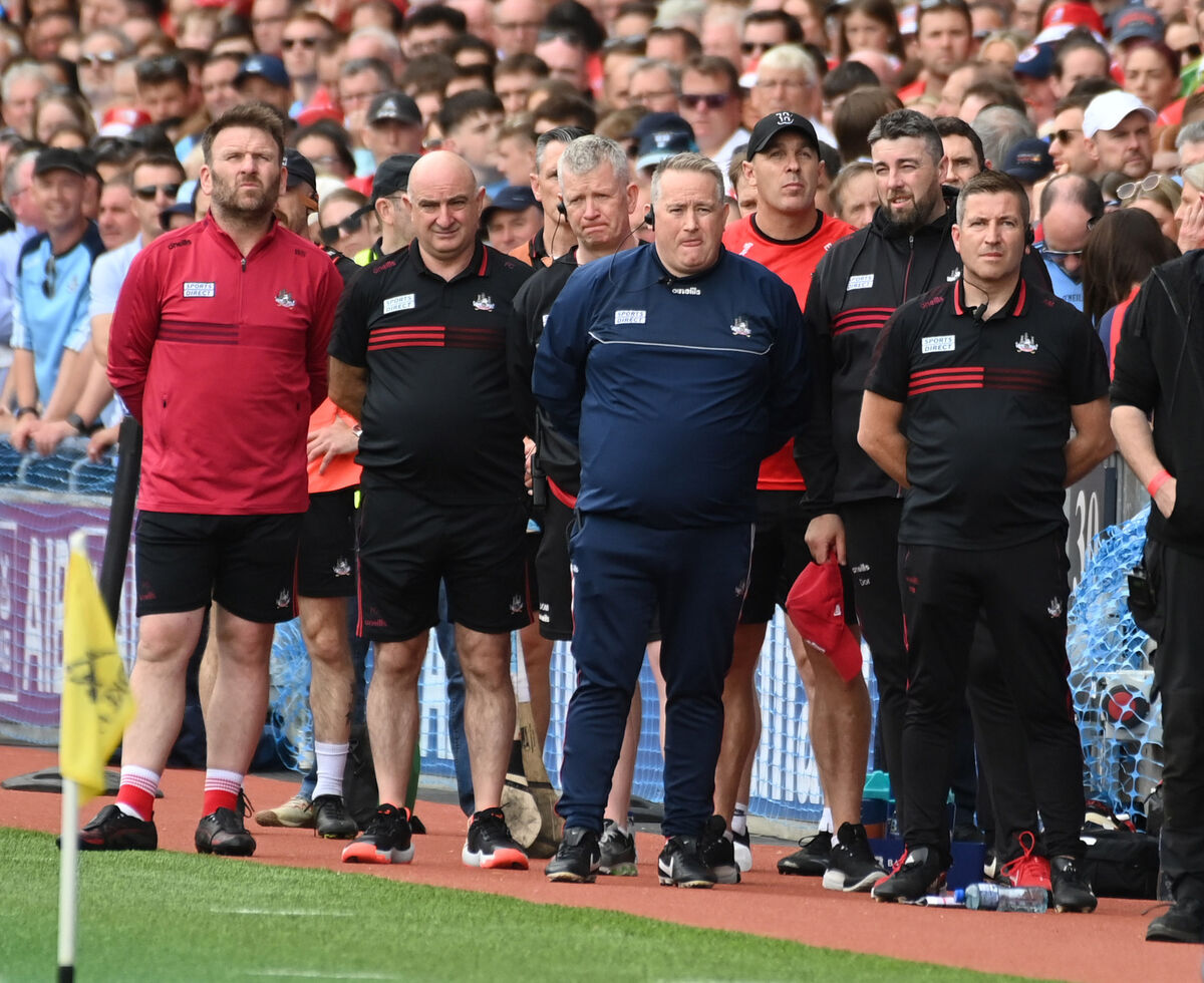 Cork manager Pat Ryan (centre) with members of the management team before the All-Ireland SHC semi-final against Dublin. Picture: Eddie O'Hare
