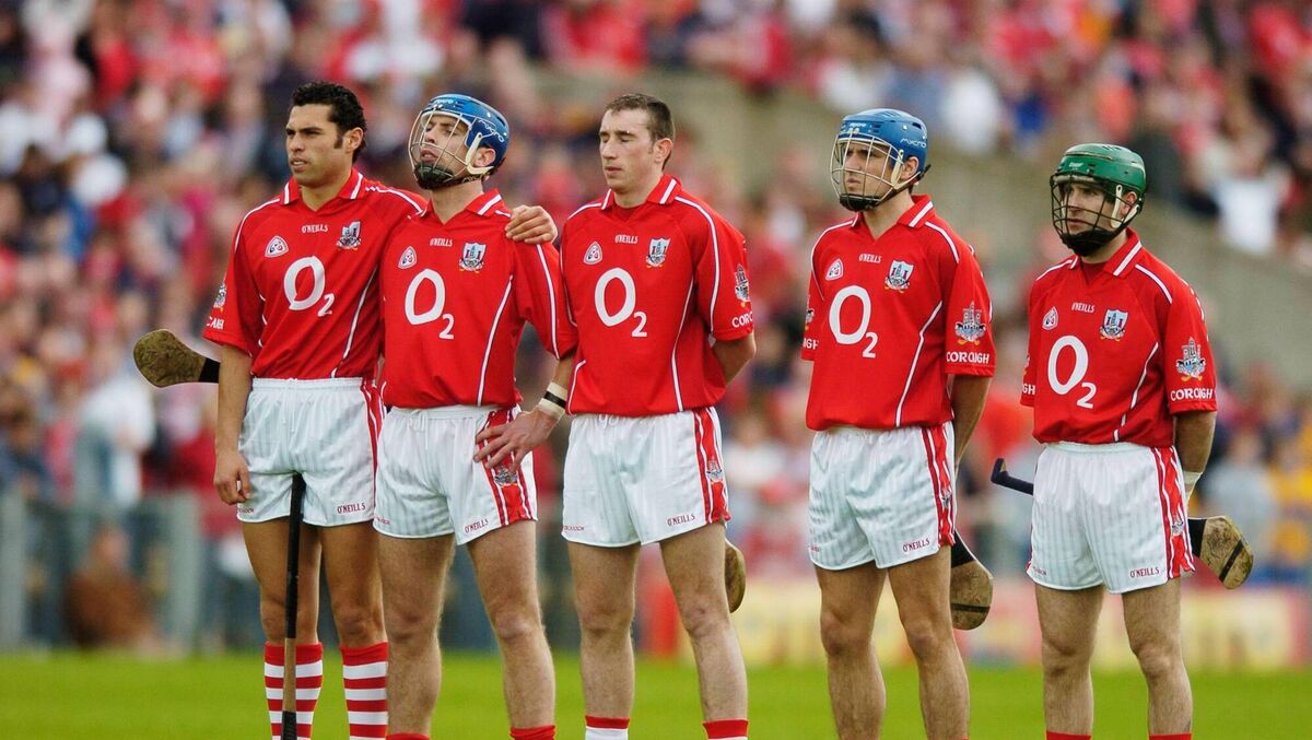 Cork players, from left: Seán Óg Ó hAilpín, Ronan Curran, John Gardiner, Tom Kenny and Jerry O'Connor stand for the national anthem before the Munster Senior Hurling Championship, Semi-Final between Clare and Cork at Semple Stadium in 2006. Picture: Brendan Moran/Sportsfile