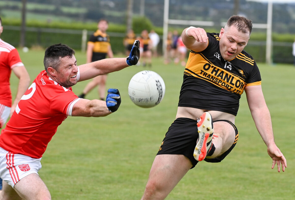 Clyda Rovers' Conor Flanagan shoots under pressure from Iveleary's Barry Murphy during their Division 3 Football League final at Donoughmore. Picture: David Keane