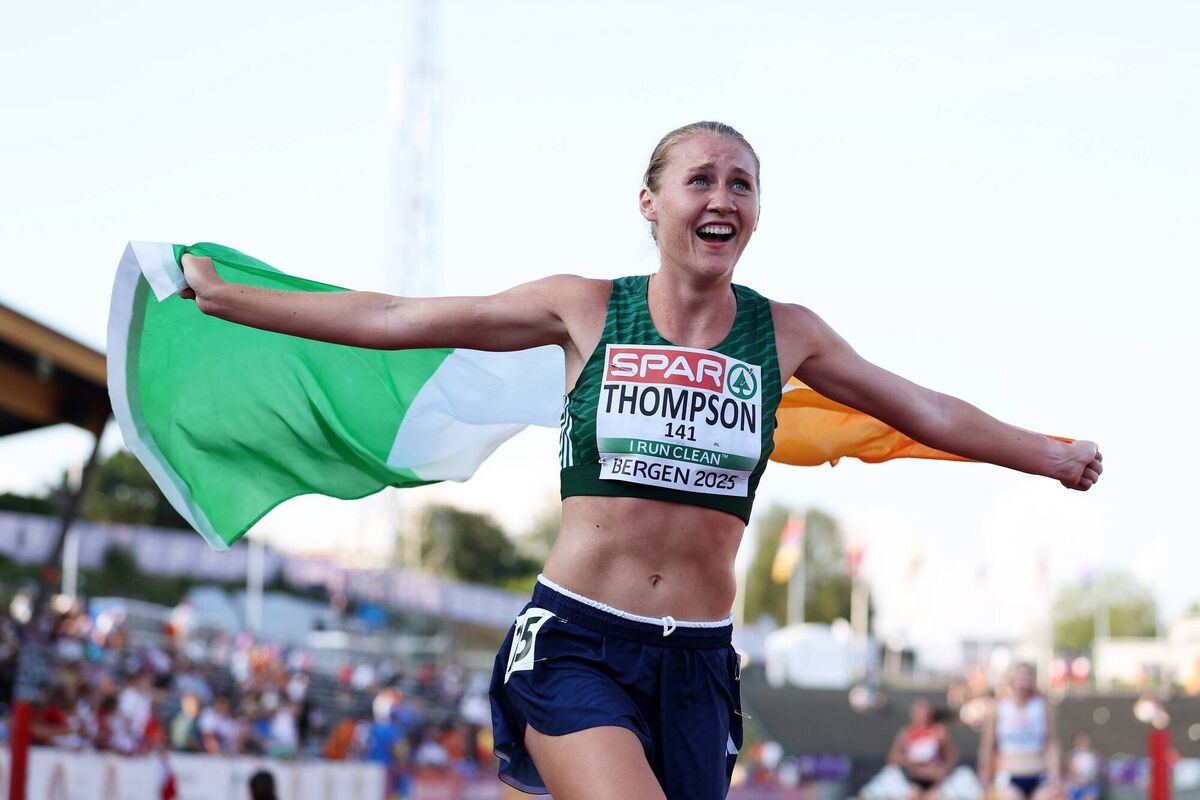 Gold medalist Anika Thompson of Team Ireland, celebrates with the national flag after winning in the Women's 10,000m Final. Picture: Alex Livesey/Getty Images for European Athletic