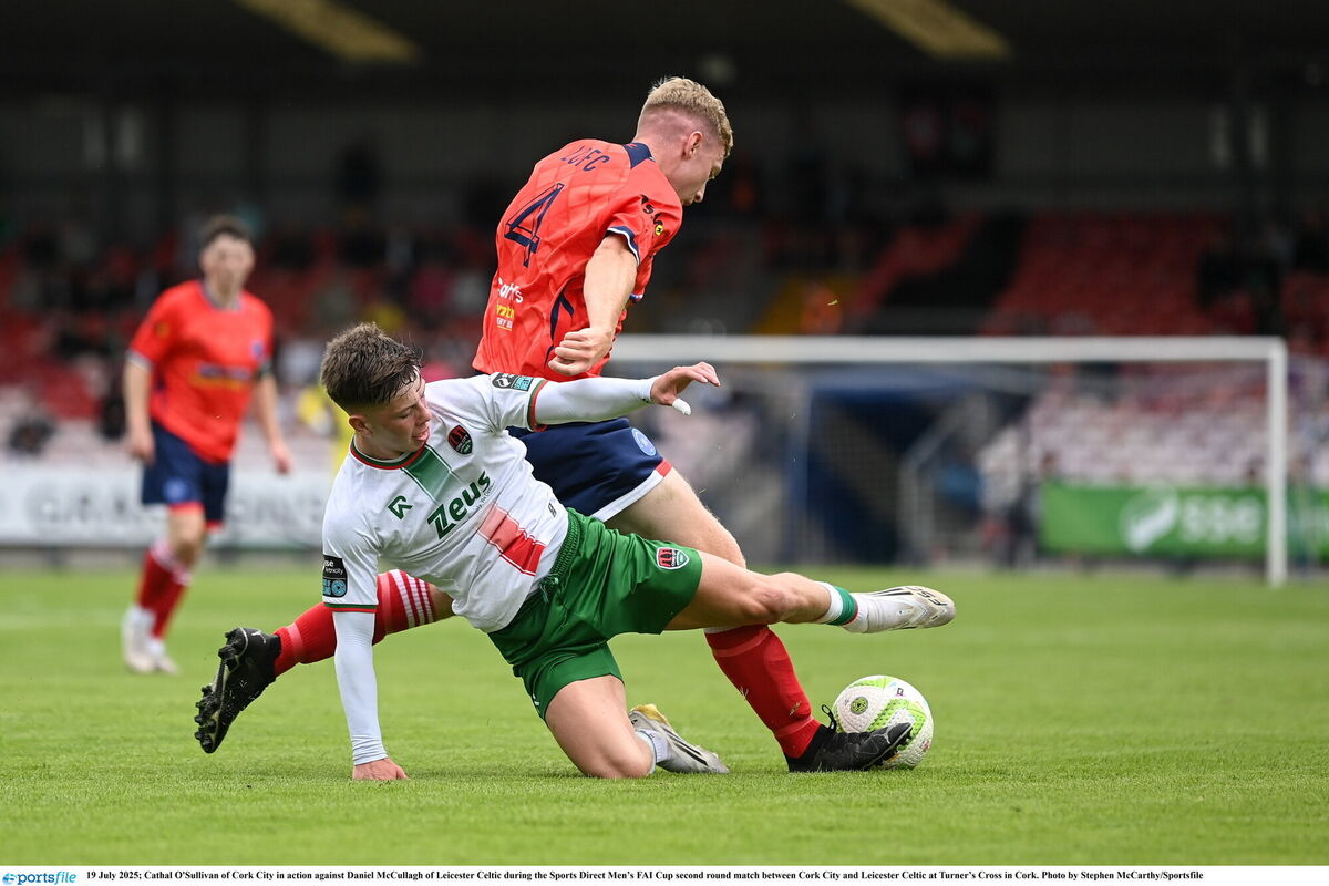 Cathal O'Sullivan of Cork City in action against Daniel McCullagh of Leicester Celtic during the Sports Direct Men’s FAI Cup second round match between Cork City and Leicester Celtic at Turner’s Cross in Cork. Photo by Stephen McCarthy/Sportsfile