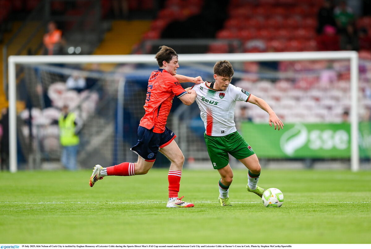 Kitt Nelson of Cork City is tackled by Eoghan Hennessy of Leicester Celtic during the Sports Direct Men’s FAI Cup second round match between Cork City and Leicester Celtic at Turner’s Cross in Cork. Photo by Stephen McCarthy/Sportsfile