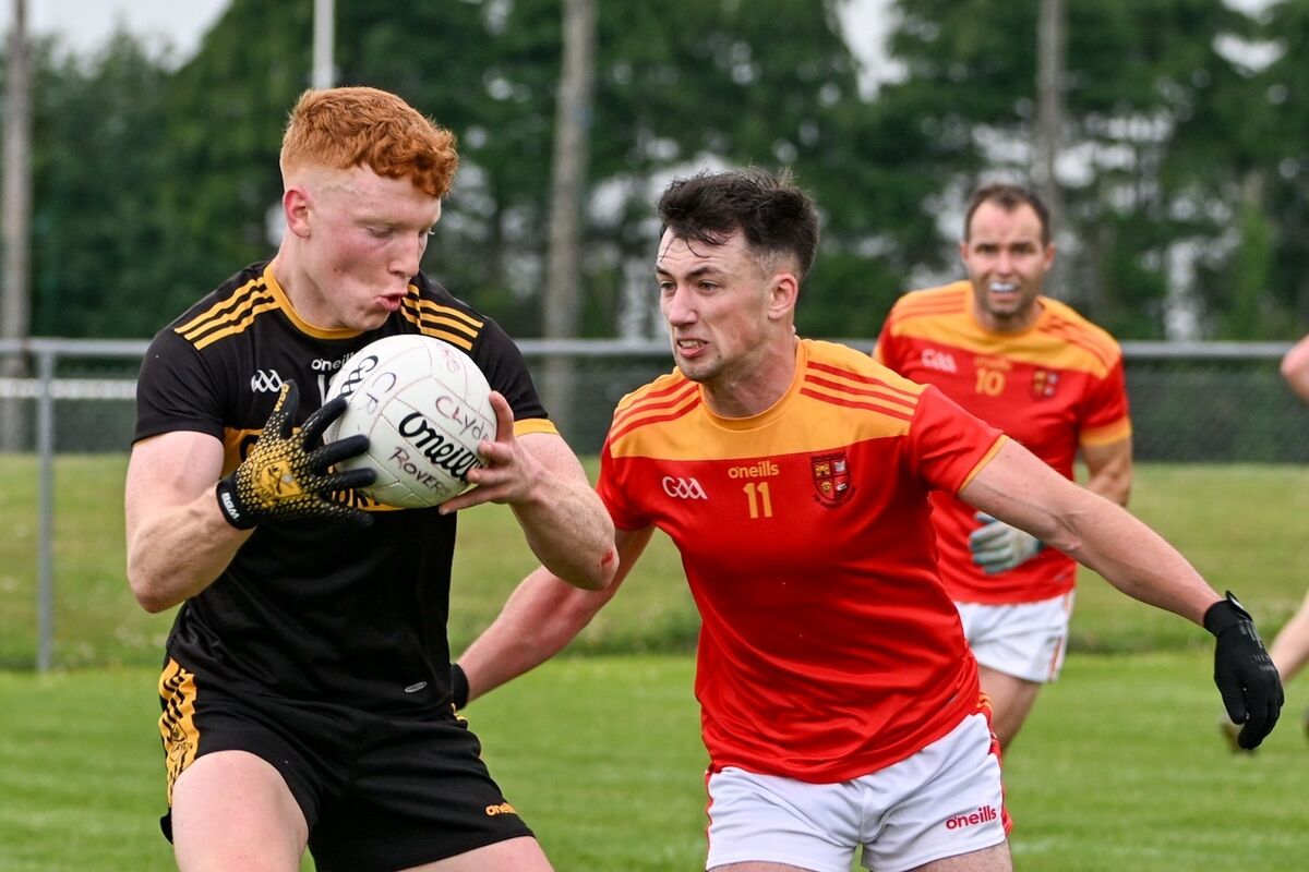 Mallow’s Jack Dillon tackles Clyda Rovers’ Eoin Walsh during their Division 3 football league match in Mourneabbey this year. Picture Chani Anderson