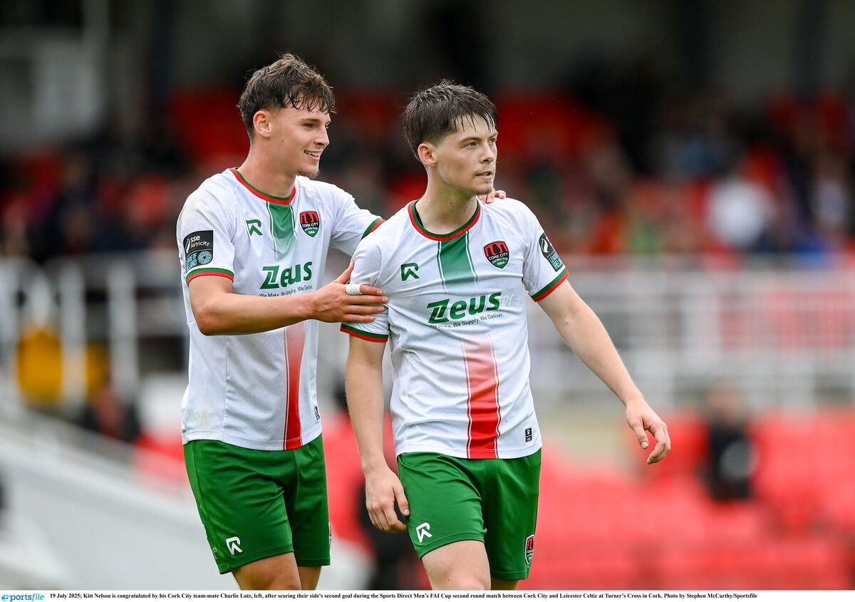 Kitt Nelson is congratulated by his Cork City team-mate Charlie Lutz, left, after scoring their side's second goal during the Sports Direct Men’s FAI Cup second round match between Cork City and Leicester Celtic at Turner’s Cross in Cork. Photo by Stephen McCarthy/Sportsfile Kitt Nelson is congratulated by his Cork City team-mate Charlie Lutz, left, after scoring their side's second goal during the Sports Direct Men’s FAI Cup second round match between Cork City and Leicester Celtic at Turner’s Cross in Cork. Photo by Stephen McCarthy/Sportsfile