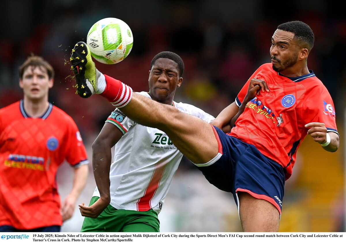 Kimolo Ndee of Leicester Celtic in action against Malik Dijksteel of Cork City during the Sports Direct Men’s FAI Cup second round match between Cork City and Leicester Celtic at Turner’s Cross in Cork. Photo by Stephen McCarthy/Sportsfile Kimolo Ndee of Leicester Celtic in action against Malik Dijksteel of Cork City during the Sports Direct Men’s FAI Cup second round match between Cork City and Leicester Celtic at Turner’s Cross in Cork. Photo by Stephen McCarthy/Sportsfile