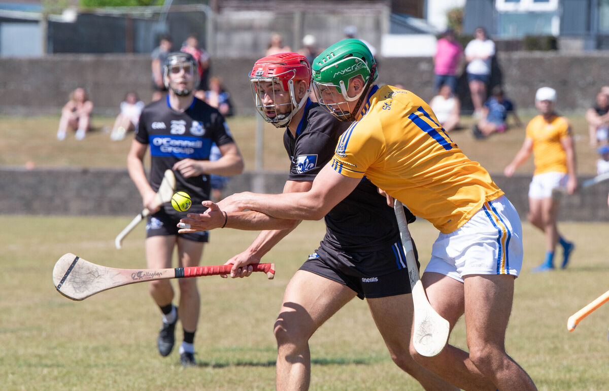 St Finbarr's Ben Cunningham and Sarsfields Darragh Long reach out for the sliothar during the Div 1 hurling league final in Carrigtwohill. Picture: Howard Crowdy