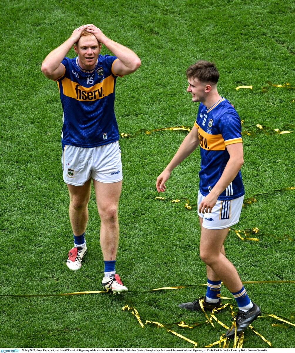 Jason Forde, left, and Sam O’Farrell of Tipperary celebrate after the GAA Hurling All-Ireland Senior Championship final match between Cork and Tipperary at Croke Park in Dublin. Picture: Daire Brennan/Sportsfile Jason Forde, left, and Sam O’Farrell of Tipperary celebrate after the GAA Hurling All-Ireland Senior Championship final match between Cork and Tipperary at Croke Park in Dublin. Picture: Daire Brennan/Sportsfile