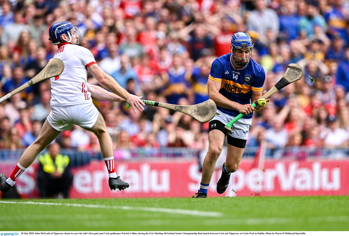 John McGrath of Tipperary shoots to score his side's first goal, past Cork goalkeeper Patrick Collins, during the GAA Hurling All-Ireland Senior Championship final match between Cork and Tipperary at Croke Park in Dublin. Picture: Piaras Ó Mídheach/Sportsfile John McGrath of Tipperary shoots to score his side's first goal, past Cork goalkeeper Patrick Collins, during the GAA Hurling All-Ireland Senior Championship final match between Cork and Tipperary at Croke Park in Dublin. Picture: Piaras Ó Mídheach/Sportsfile