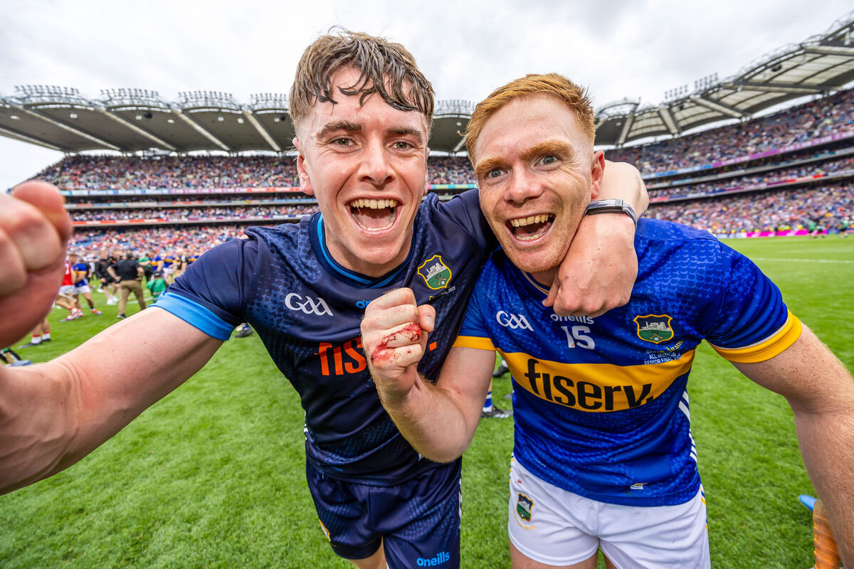 Tipperary goalkeeper Rhys Shelly and Jason Forde celebrate after the game. Picture: INPHO/Morgan Treacy Tipperary goalkeeper Rhys Shelly and Jason Forde celebrate after the game. Picture: INPHO/Morgan Treacy