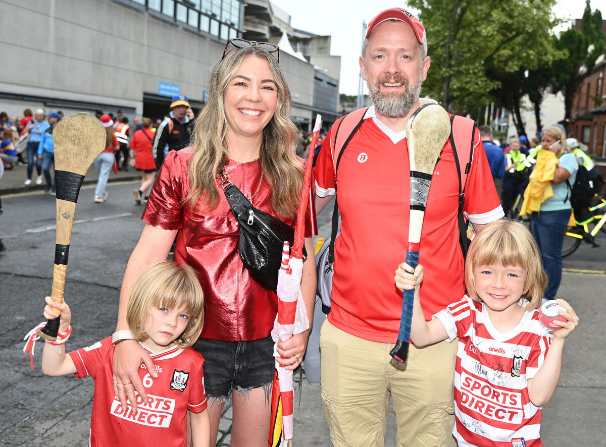 Cork fans Eoin , Tadhg and Dainin O'Suilleabhain and Emma Manley all from Coolea at the All-Ireland SHC final against Tipperary at Croke park . Picture: Eddie O'Hare