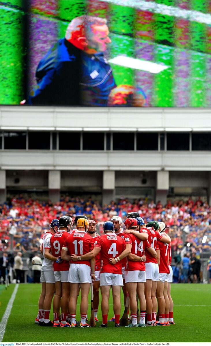 The Cork players huddle before the game. Picture: Stephen McCarthy/Sportsfile