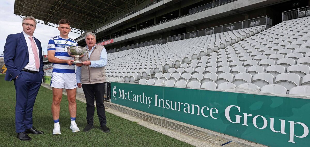 Pictured is Mark Collins, Castlehaven, with Brendan Harrington, CEO of McCarthy Insurance Group, and Charlie McCarthy, McCarthy Insurance Group, at the McCarthy Insurance Group 2025 Cork Club Football Championships launch at SuperValu Páirc Uí Chaoimh. Picture: Jim Coughlan