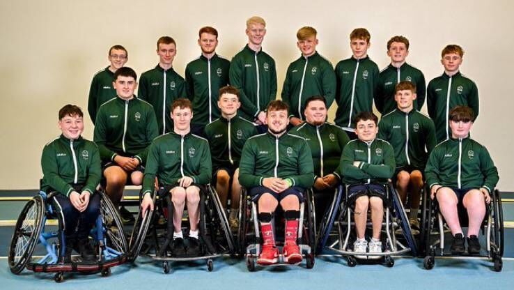 The Irish U23 Wheelchair basketball team that recently took part in the European Para Youth games in Istanbul Turkey with Conor Coughlan in the front row